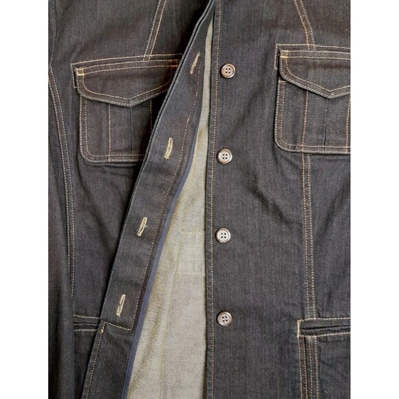 Chico’s Platinum Sz L Blue Dark Wash Denim Jacket - Pockets Covered Buttons NWOT - Picture 2 of 16